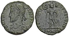 ROMAN COINS MÜNZEN DER RÖMISCHEN KAISERZEIT Procopius, 365-366. Æ-Centenionalis, Constantinopolis, 7. Offizin (?); 3,32 g. Drapierte Büste l. mit Perldiadem//Kaiser steht v. v. mit Labarum und Schild,