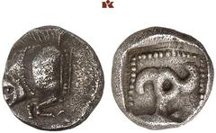 DIE SAMMLUNG DR. KAYA SAYAR, TEIL I - LYKIEN, PAMPHYLIEN UND KILIKIEN LYCIA. Prä- und protodynastische Prägungen. Unbestimmter Dynast AR-Diobol, um 480 v. Chr.; 1,27 g. Eberprotome l.//In Incusum: Per