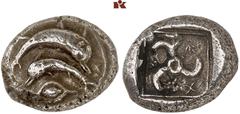 DIE SAMMLUNG DR. KAYA SAYAR, TEIL I - LYKIEN, PAMPHYLIEN UND KILIKIEN LYCIA. Prä- und protodynastische Prägungen. Thibanuwa AR-Stater, nach 470 v. Chr., Aperlai/Apollonia; 9,68 g. Zwei Delphine in Geg