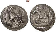 DIE SAMMLUNG DR. KAYA SAYAR, TEIL I - LYKIEN, PAMPHYLIEN UND KILIKIEN LYCIA. Prä- und protodynastische Prägungen. Elmen AR-Stater, um 460 v. Chr., Limyra; 9,78 g. Ziege l.//In Incusum: Perlquadrat, da
