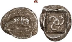 DIE SAMMLUNG DR. KAYA SAYAR, TEIL I - LYKIEN, PAMPHYLIEN UND KILIKIEN LYCIA. Dynastische Prägungen. Kuprilli AR-Stater, 470/440 v. Chr., Aperlai/Apollonia oder Zagaba; 9,77 g. Delphin r. über stilisie