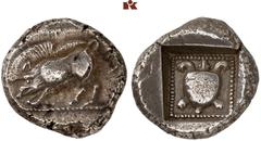 DIE SAMMLUNG DR. KAYA SAYAR, TEIL I - LYKIEN, PAMPHYLIEN UND KILIKIEN LYCIA. Dynastische Prägungen. Khinakha AR-Stater, nach 460 v. Chr., Zagaba; 9,20 g. Eber l.//In Incusum: Perlquadrat, darin Landsc