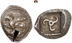 DIE SAMMLUNG DR. KAYA SAYAR, TEIL I - LYKIEN, PAMPHYLIEN UND KILIKIEN LYCIA. Dynastische Prägungen. Tnnemi AR-Stater, um 460 v. Chr., unbestimmte Münzstätte (Kandyba?); 8,50 g. Rundschild, darauf sitz