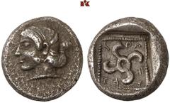 DIE SAMMLUNG DR. KAYA SAYAR, TEIL I - LYKIEN, PAMPHYLIEN UND KILIKIEN LYCIA. Dynastische Prägungen. Sppntaza AR-Tetrobol, 440/430 v. Chr., Phellos; 3,15 g. Aphroditekopf l.//In Incusum: Perlquadrat, d