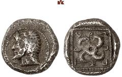 DIE SAMMLUNG DR. KAYA SAYAR, TEIL I - LYKIEN, PAMPHYLIEN UND KILIKIEN LYCIA. Dynastische Prägungen. Sppntaza AR-Obol, 440/430 v. Chr., Phellos; 0,60 g. Herakleskopf im Löwenfell l.//In Incusum: Perlqu