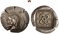 DIE SAMMLUNG DR. KAYA SAYAR, TEIL I - LYKIEN, PAMPHYLIEN UND KILIKIEN LYCIA. Dynastische Prägungen. Teththiveibi AR-Tetrobol, 440/430 v. Chr., Phellos; 2,61 g. Herakleskopf im Löwenfell l.//In Incusum