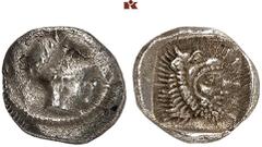 DIE SAMMLUNG DR. KAYA SAYAR, TEIL I - LYKIEN, PAMPHYLIEN UND KILIKIEN LYCIA. Dynastische Prägungen. TELMESSOS AR-Diobol, um 390 v. Chr.; 1,51 g. Athenakopf r. mit korinthischem Helm//In Incusum: Herak