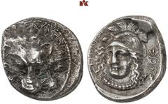 DIE SAMMLUNG DR. KAYA SAYAR, TEIL I - LYKIEN, PAMPHYLIEN UND KILIKIEN LYCIA. Dynastische Prägungen. Wekhssere II AR-Tetrobol, 400/380 v. Chr., Zagaba; 3,03 g. Löwenmaske v. v.//In rundem Incusum: Athe