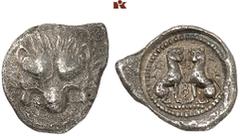 DIE SAMMLUNG DR. KAYA SAYAR, TEIL I - LYKIEN, PAMPHYLIEN UND KILIKIEN LYCIA. Dynastische Prägungen. Wekhssere II AR-Diobol, um 400/380 v. Chr., Tlos; 1,40 g. Löwenmaske v. v.//In rundem Incusum: Perlk