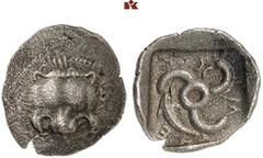 DIE SAMMLUNG DR. KAYA SAYAR, TEIL I - LYKIEN, PAMPHYLIEN UND KILIKIEN LYCIA. Dynastische Prägungen. Mithrapata AR-Diobol, 390/3780 v. Chr., Phellos; 1,29 g. Löwenmaske v. v.//In Incusum: Triskelis, im