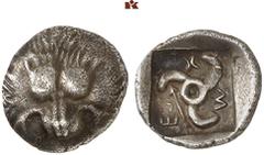 DIE SAMMLUNG DR. KAYA SAYAR, TEIL I - LYKIEN, PAMPHYLIEN UND KILIKIEN LYCIA. Dynastische Prägungen. Mithrapata AR-Diobol, 390/370 v. Chr., unbestimmte Münzstätte; 1,41 g. Löwenmaske v. v.//In Incusum: