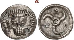 DIE SAMMLUNG DR. KAYA SAYAR, TEIL I - LYKIEN, PAMPHYLIEN UND KILIKIEN LYCIA. Dynastische Prägungen. Trbbenimi AR-Stater, um 390/370 v. Chr., Wedrei; 9,68 g. Löwenmaske v. v.//In rundem Incusum: Triske