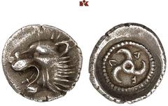 DIE SAMMLUNG DR. KAYA SAYAR, TEIL I - LYKIEN, PAMPHYLIEN UND KILIKIEN LYCIA. Dynastische Prägungen. Trbbenimi AR-Obol, um 390/370 v. Chr., Wedrei; 0,64 g. Löwenkopf l.//In rundem Incusum: Perlkreis, d