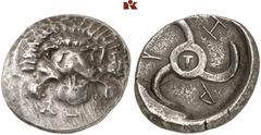 DIE SAMMLUNG DR. KAYA SAYAR, TEIL I - LYKIEN, PAMPHYLIEN UND KILIKIEN LYCIA. Dynastische Prägungen. Trbbenimi AR-Stater, um 390/370 v. Chr., Zagaba; 9,53 g. Löwenmaske v. v., darunter Triskelis//In ru