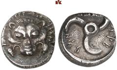 DIE SAMMLUNG DR. KAYA SAYAR, TEIL I - LYKIEN, PAMPHYLIEN UND KILIKIEN LYCIA. Dynastische Prägungen. Trbbenimi AR-Tetrobol, um 390/370 v. Chr., unbestimmte Münzstätte; 3,12 g. Löwenmaske v. v.//In rund