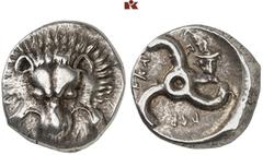 DIE SAMMLUNG DR. KAYA SAYAR, TEIL I - LYKIEN, PAMPHYLIEN UND KILIKIEN LYCIA. Dynastische Prägungen. Perikle AR-Tetrobol, 380/360 v. Chr., unbestimmte Münzstätte; 3,06 g. Löwenmaske v. v.//In rundem In