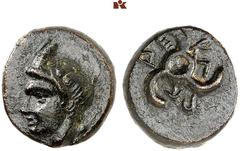 DIE SAMMLUNG DR. KAYA SAYAR, TEIL I - LYKIEN, PAMPHYLIEN UND KILIKIEN LYCIA. Dynastische Prägungen. Perikle Æs, um 380/360 v. Chr., unbestimmte Münzstätte; 2,09 g. Pankopf l.//Triskelis. Ashton in NC 