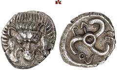 DIE SAMMLUNG DR. KAYA SAYAR, TEIL I - LYKIEN, PAMPHYLIEN UND KILIKIEN LYCIA. Dynastische Prägungen. Puresi AR-Tetrobol, 380/360 v. Chr., unbestimmte Münzstätte; 2,47 g. Löwenmaske v. v.//In rundem Inc