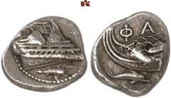 DIE SAMMLUNG DR. KAYA SAYAR, TEIL I - LYKIEN, PAMPHYLIEN UND KILIKIEN LYCIA. Prägungen lykischer Städte. PHASELIS AR-Stater, 400/360 v. Chr.; 10,30 g. Prora r., darunter Delphin//Schiffsheck l., darun