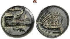DIE SAMMLUNG DR. KAYA SAYAR, TEIL I - LYKIEN, PAMPHYLIEN UND KILIKIEN LYCIA. Prägungen lykischer Städte. PHASELIS Æs, 250/220 v. Chr.; 5,60 g. Prora r., darunter Delphin r.//Schiffsheck l., oben Stern
