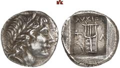 DIE SAMMLUNG DR. KAYA SAYAR, TEIL I - LYKIEN, PAMPHYLIEN UND KILIKIEN LYCIA. Prägungen der lykischen Liga. Periode II: Silbermünzen. TLOS AR-Drachme, 168/87 v. Chr.; 2,70 g. Apollokopf r. mit Lorbeerk