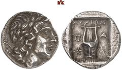 DIE SAMMLUNG DR. KAYA SAYAR, TEIL I - LYKIEN, PAMPHYLIEN UND KILIKIEN LYCIA. Prägungen der lykischen Liga. Periode II: Silbermünzen. PATARA AR-Drachme, 167/81 v. Chr.; 2,28 g. Apollokopf r. mit Lorbee