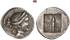 DIE SAMMLUNG DR. KAYA SAYAR, TEIL I - LYKIEN, PAMPHYLIEN UND KILIKIEN LYCIA. Prägungen der lykischen Liga. Periode IV: Silbermünzen der Bezirke, Hemikitarephoroi. KRAGOS AR-Trihemiobol, 44/18 v. Chr.;