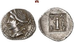 DIE SAMMLUNG DR. KAYA SAYAR, TEIL I - LYKIEN, PAMPHYLIEN UND KILIKIEN LYCIA. Prägungen der lykischen Liga. Periode IV: Silbermünzen der Bezirke, Hemikitarephoroi. KRAGOS AR-Trihemiobol, 44/18 v. Chr.,