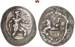 DIE SAMMLUNG DR. KAYA SAYAR, TEIL I - LYKIEN, PAMPHYLIEN UND KILIKIEN PAMPHYLIA. ASPENDOS. AR-Stater, 465/430 v. Chr.; 10,93 g. Krieger geht r. mit Helm, Speer und Schild//Triskelis, im Feld [Hahn] un