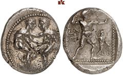 DIE SAMMLUNG DR. KAYA SAYAR, TEIL I - LYKIEN, PAMPHYLIEN UND KILIKIEN PAMPHYLIA. ASPENDOS. AR-Stater, 420/370 v. Chr.; 10,90 g. Zwei Ringer//Schleuderer r., dahinter Triskelis, davor steht Athena r. S