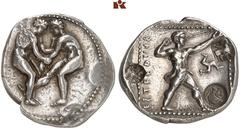 DIE SAMMLUNG DR. KAYA SAYAR, TEIL I - LYKIEN, PAMPHYLIEN UND KILIKIEN PAMPHYLIA. ASPENDOS. AR-Stater, 420/370 v. Chr.; 10,88 g. Zwei Ringer//In Incusum: Schleuderer r., davor Triskelis, umher zwei run