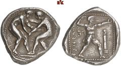 DIE SAMMLUNG DR. KAYA SAYAR, TEIL I - LYKIEN, PAMPHYLIEN UND KILIKIEN PAMPHYLIA. ASPENDOS. AR-Stater, 420/370 v. Chr.; 10,81 g. Zwei Ringer//Schleuderer r., dahinter Triskelis, davor Herme. SNG Cop. -