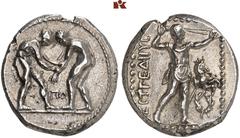 DIE SAMMLUNG DR. KAYA SAYAR, TEIL I - LYKIEN, PAMPHYLIEN UND KILIKIEN PAMPHYLIA. ASPENDOS. AR-Stater, 420/370 v. Chr.; 10,70 g. Zwei Ringer//Schleuderer r., davor Pferdeprotome r. und Kranz. SNG Cop. 