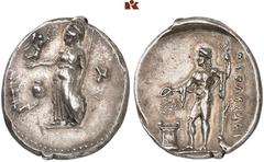 DIE SAMMLUNG DR. KAYA SAYAR, TEIL I - LYKIEN, PAMPHYLIEN UND KILIKIEN PAMPHYLIA. PERGE. AR-Stater, 380/360 v. Chr.; 10,76 g. Athena Parthenos steht l., davor Granatapfel//Apollo steht l. mit Patera un
