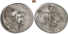 DIE SAMMLUNG DR. KAYA SAYAR, TEIL I - LYKIEN, PAMPHYLIEN UND KILIKIEN PAMPHYLIA. SIDE. AR-Tetradrachme, 205/190 v. Chr., Magistrat Deino (...); 16,58 g. Athenakopf r. mit korinthischem Helm//Nike geht