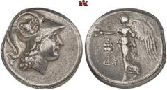 DIE SAMMLUNG DR. KAYA SAYAR, TEIL I - LYKIEN, PAMPHYLIEN UND KILIKIEN PAMPHYLIA. SIDE. AR-Tetradrachme, 205/190 v. Chr.; 16,43 g. Athenakopf r. mit korinthischem Helm, darauf runder Gegenstempel von P
