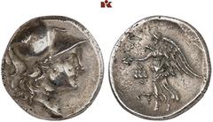 DIE SAMMLUNG DR. KAYA SAYAR, TEIL I - LYKIEN, PAMPHYLIEN UND KILIKIEN PAMPHYLIA. SIDE. AR-Drachme, 205/100 v. Chr.; Magistrat St (...); 3,98 g. Athenakopf r. mit korinthischem Helm//Nike geht l. mit K