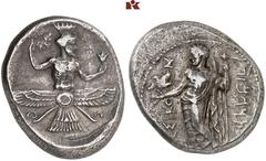 DIE SAMMLUNG DR. KAYA SAYAR, TEIL I - LYKIEN, PAMPHYLIEN UND KILIKIEN CILICIA. ISSOS. Tiribazos, 386/380 v. Chr., Satrap. AR-Stater; 10,43 g. Ahura-Mazda r. mit Kranz und Lotus// Baaltars steht l. mit