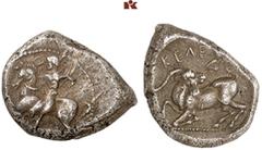 DIE SAMMLUNG DR. KAYA SAYAR, TEIL I - LYKIEN, PAMPHYLIEN UND KILIKIEN CILICIA. KELENDERIS. AR-Tetrobol, 425/400 v. Chr.; 3,46 g. Reiter l. mit Peitsche//Ziege l., zurückblickend, darüber zwei Efeublät