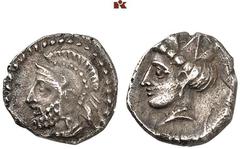 DIE SAMMLUNG DR. KAYA SAYAR, TEIL I - LYKIEN, PAMPHYLIEN UND KILIKIEN CILICIA. TARSOS. Mazaios, 361-334 v. Chr., Satrap. AR-Obol; 0,87 g. Bärtiger Kopf l. mit attischem Helm//Weiblicher Kopf l. mit Kr