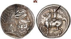 MÜNZEN DER ANTIKEN WELT AUS DIVERSEM BESITZ GRIECHISCHE MÜNZEN. MACEDONIA. KÖNIGREICH. Philippos II., 359-336 v. Chr. AR-Tetradrachme, 354/348 v. Chr., Pella; 14,43 g. Zeuskopf r.//Reiter l. mit Kausi
