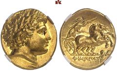 MÜNZEN DER ANTIKEN WELT AUS DIVERSEM BESITZ GRIECHISCHE MÜNZEN. MACEDONIA. KÖNIGREICH. Philippos II., 359-336 v. Chr. AV-Stater, posthum, 323/321 v. Chr., Lampsakos; 8,57 g. Apollokopf r. mit Lorbeerk