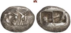 MÜNZEN DER ANTIKEN WELT AUS DIVERSEM BESITZ GRIECHISCHE MÜNZEN. LYDIA. Kroisos, 561-546 v. Chr. AR-1/2 Stater, Sardeis; 5,23 g. Löwen- und Stierprotome einander gegenüber// Zweigeteiltes Incusum. SNG 