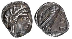 GREEK COINS ATTICA ATHEN. AR-Obol, 454/404 v. Chr.; 0,64 g. Athenakopf r. mit attischem Helm//In Incusum: Eule r., dahinter Olivenzweig. Hoover 1665; SNG München 77 ff. Feine Patina, sehr schön Exempl