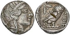 GREEK COINS ATTICA ATHEN. AR-Tetradrachme, um 440/420 v. Chr.; 16,99 g. Athenakopf r. mit attischem Helm//In Incusum: Eule r., dahinter Olivenzweig und Mondsichel. Flament Gruppe II; Hoover 1597. Fein