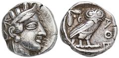 GREEK COINS ATTICA ATHEN. AR-Tetradrachme, um 440/420 v. Chr.; 17,04 g. Athenakopf r. mit attischem Helm//In Incusum: Eule r., dahinter Olivenzweig und Mondsichel. Flament Gruppe II; Hoover 1597. Kl. 