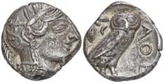 GREEK COINS ATTICA ATHEN. AR-Tetradrachme, um 420/405 v. Chr.; 17,09 g. Athenakopf r. mit attischem Helm//In Incusum: Eule r., dahinter Olivenzweig und Mondsichel. Flament Gruppe III; Hoover 1597. Min