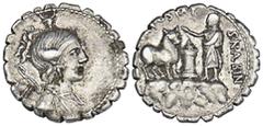 ROMAN COINS MÜNZEN DER RÖMISCHEN REPUBLIK AR-Denar (Serratus), 81 v. Chr., Rom, A. Postumius Albinus; 3,87 g. Drapierte Büste der Diana r., über der Schulter Bogen und Köcher, darüber Bucranium//Togat