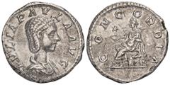 ROMAN COINS MÜNZEN DER RÖMISCHEN KAISERZEIT Antoninus IV. Elagabal, 218-222 für Julia Paula. AR-Denar, 219/220, Rom; 3,82 g. Drapierte Büste r.//Concordia sitzt l. mit Patera, davor Stern. BMC 172; Co