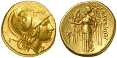 GRIECHISCHE GOLDMÜNZEN MACEDONIA Alexander III., 336-323 v. Chr AV-Stater, 330/320 v. Chr., makedonische Münzstätte; 8,54 g. Athenakopf r. in korinthischem Halm//Nike steht l. mit Kranz und Stylis, da